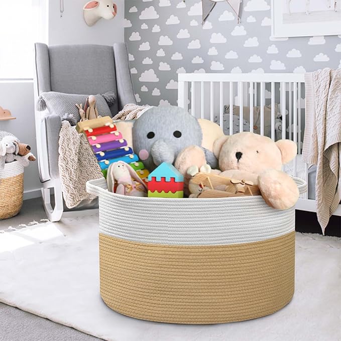 MEGASKET Extra Large Storage Basket, 22” x 22” x 14” Cotton Rope Bins for Storage, Wicker Baby Laundry Basket, Kids, Woven Ki