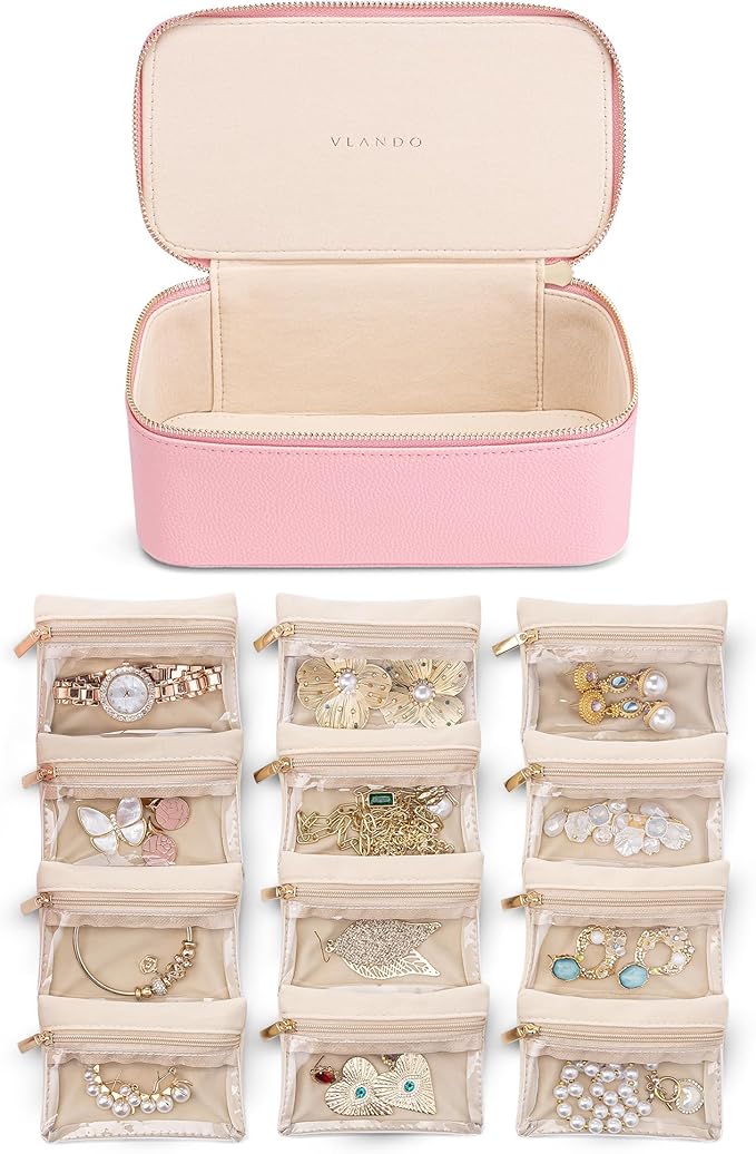 Vlando Jewelry Travel Case with 12 Velvet Jewelry Bags Travel Jewelry Orgainzer for Girls Jewelry Box for Necklace Rings Earr