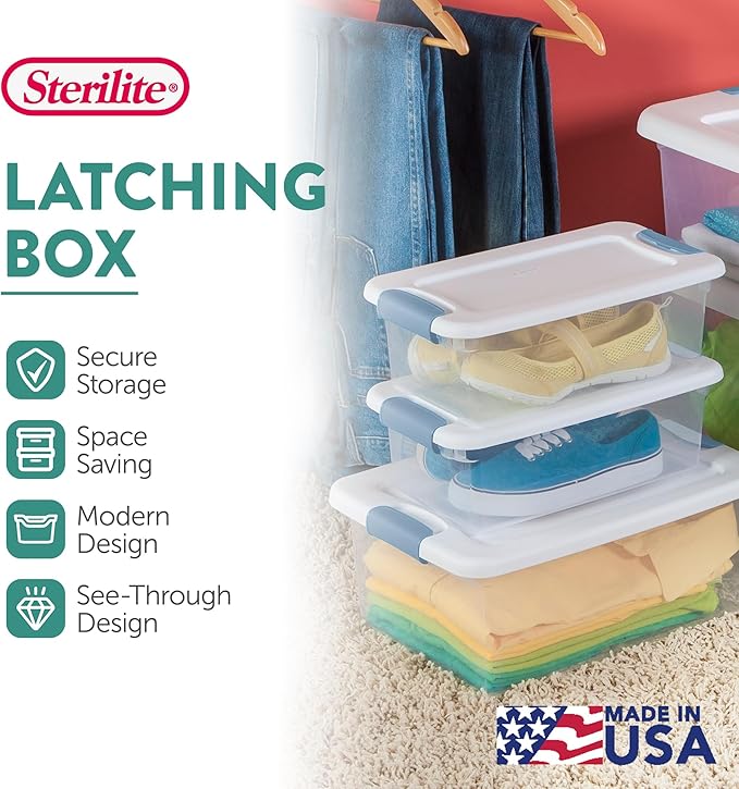 Sterilite 48-Pack Latching Box, Under Bed Storage Bins with Lids, Clear Plastic, 6 Quart - Heavy-Duty Organizing Containers f