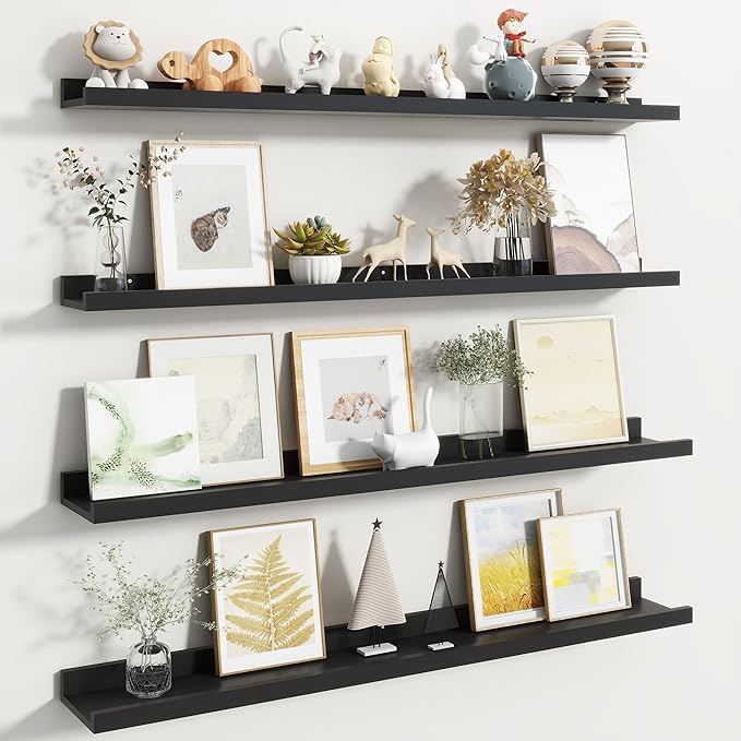 Fun Memories Picture Ledge Shelf, Black Floating Shelves Set of 4, 40 Inch Picture Shelves for Wall with Ledge, Large Nursery