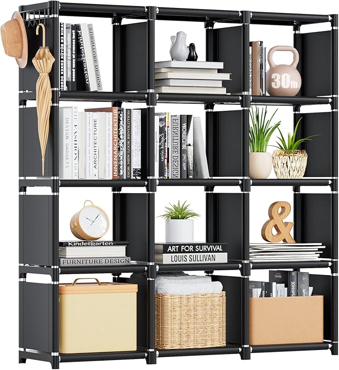 Mavivegue Book Shelf, 12 Cube Storage Organizer, DIY Bookcase, Metal Bookshelf,Tall Book case for Bedroom, Living Room,Office