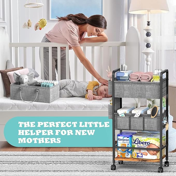 LIDTOP 2In1 Baby Diaper Caddy & 4-Tier Rolling Diaper Cart, Diaper Caddy Organizer Cart with Dividers & Drawer, Mobile Metal 