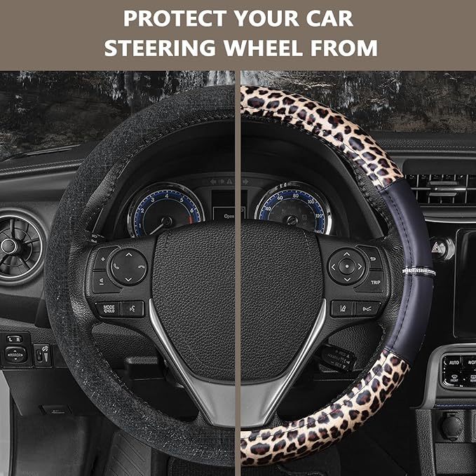 AUTOYOUTH Leopard Steering Wheel Cover - Bling Crystal Rhinestones Cheetah Print on Leather Non-Slip Breathable Design for Wo