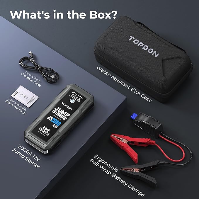 Car Battery Jump Starter, TOPDON 2000A Peak Jump Starter for Up to 8L Gas/6L Diesel Engines, 12V Portable Battery Booster