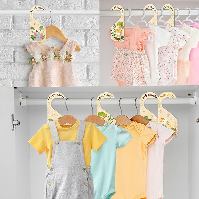 R HORSE 8Pcs Safari Baby Closet Dividers, Double Sided Nursery Hanger Dividers Wood Baby Closet Size Organizers for Boy Girl 