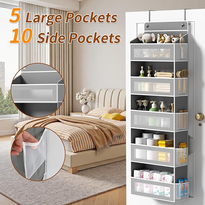 Over The Door Organizer, Over the Door Storage with 5 Large 10 Side Pockets, Hanging Door Organizer 44 lb Load Behind Door St