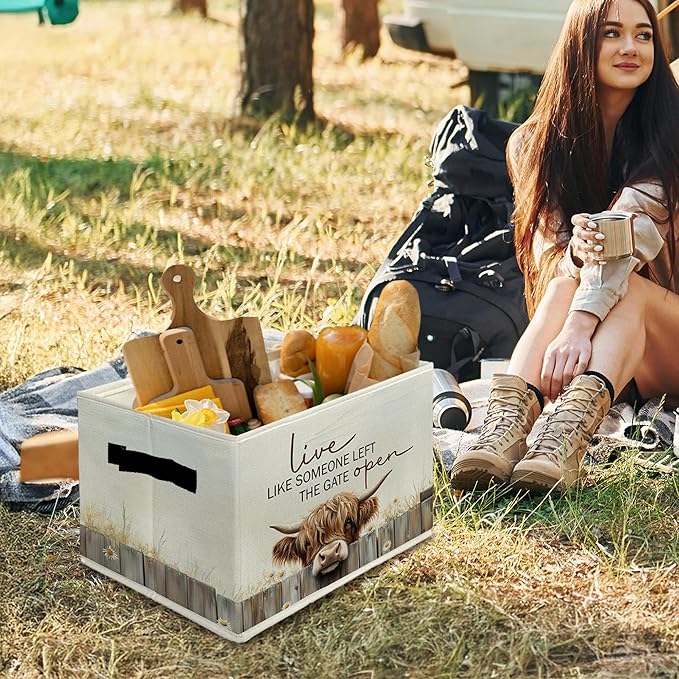 Highland Cow Storage Bins & Boxes with Handles, Western Highland Cow Foldable Basket for Organizing, Farmhouse Rustic Collaps