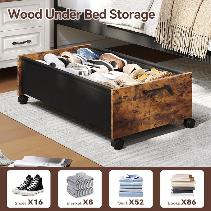 Under Bed Storage with Wheels, Wooden Under Bed Drawers On Wheels, Rolling Under Bed Shoe Storage, Space Saving, Rustic Brown