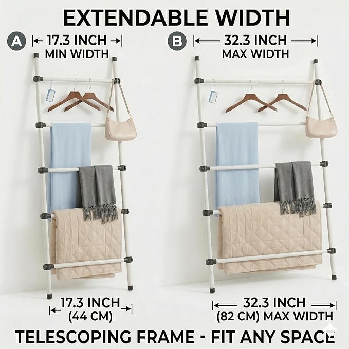 SIBRAD Expandable Blanket Ladder for Living Room, Adjustable Width (17.3"-32.3") Tall Metal Quilt Rack Wall Leaning, Rustic W