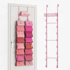 SWTYMIKI Over The Door Purse Organizer - Wall Mounted Handbag Organizer with 16 Hooks and Metal Basket, Hanging Purse Storage