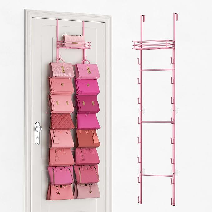SWTYMIKI Over The Door Purse Organizer - Wall Mounted Handbag Organizer with 16 Hooks and Metal Basket, Hanging Purse Storage