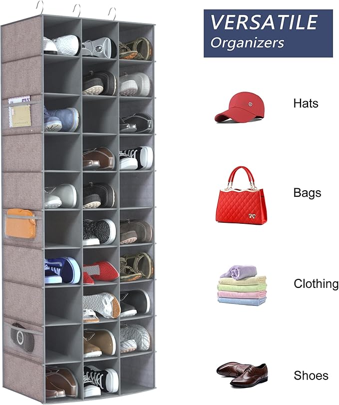 Libeder 30 Section Hanging Shoe Organizer for Closet, Hanging Closet Organizers with 6 Side Mesh Pockets, Shoe Storage Hangin