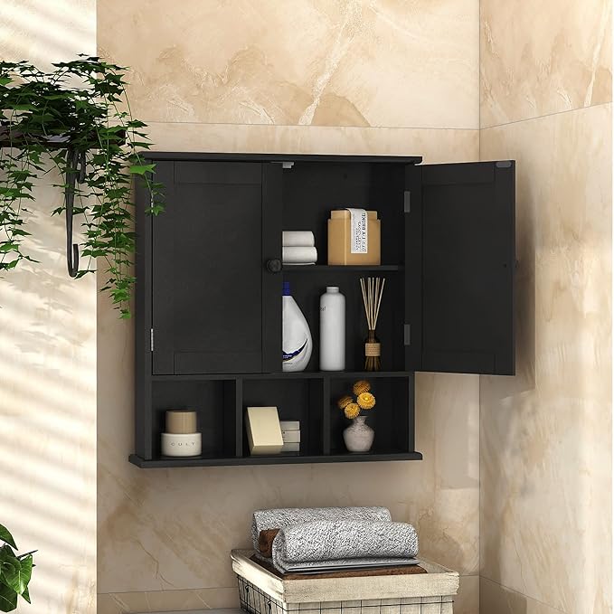 TaoHFE Black Bathroom Over The Toilet Storage Cabinet,Wall Medicine Cabinet Organizer with 2 Door Adjustable Shelves,Wooden M