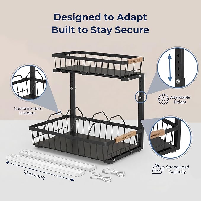 Under Sink Organizer, 2 Pack, 2 Tier Sliding L-Shaped Carbon Steel Rack with Adjustable Height, Motion-Activated LED Lights, 