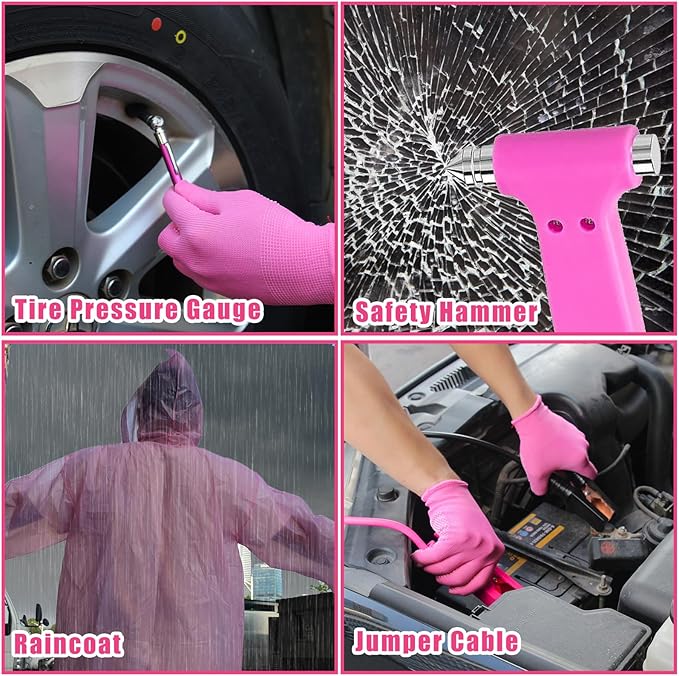Car Emergency Kit, Pink Roadside Emergency Car Kit with Jumper Cables, Tow Rope, Safety Hammer, Pink Car Accessories for Wome