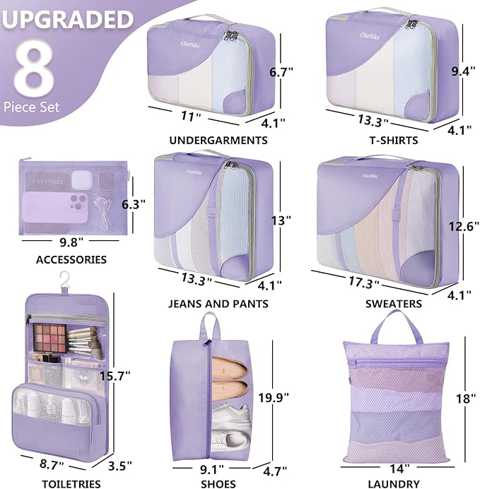 8 Set Packing Cubes for Travel, Gifts for Women Mom,Anti-Tearing Suitcase Organizer for Luggage with Shoe & Hanging Toiletry 