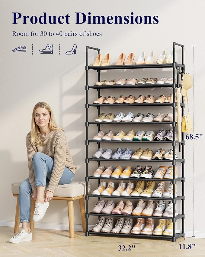 Kitsure Shoe Rack for Closet - 10-Tier Shoe Organizer with Hook Rack, Large-Capacity & Space-Saving Shoe Shelf for Entryway, 