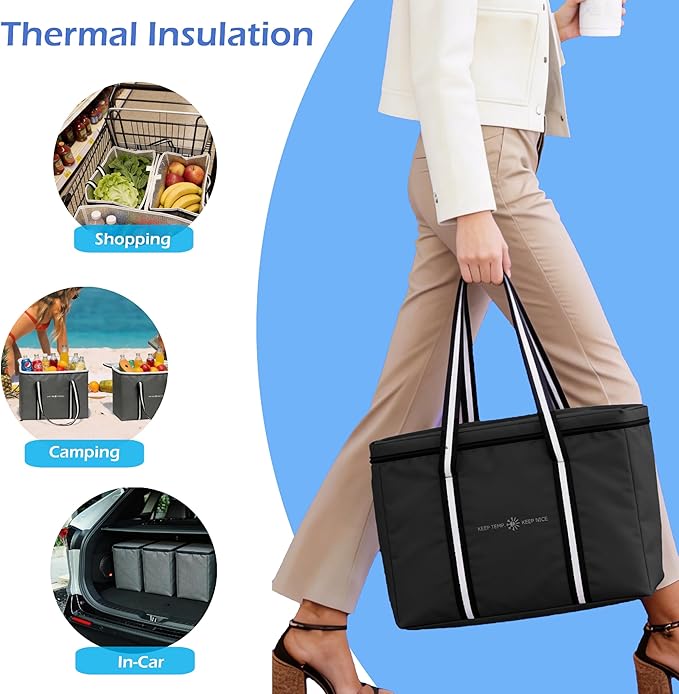 Insulated Reusable Grocery Bag - Zippered Cooler Tote Extra Large Thermal Shopping Bag for Groceries Frozen or Hot Food