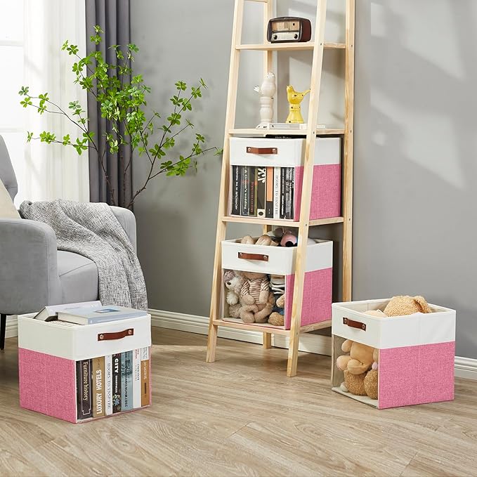 Bagnizer Storage Cubes, 4 Pack Linen Foldable Storage Bins (13 x 13 inch) with Clear Window and Handles, Fabric Organizer for