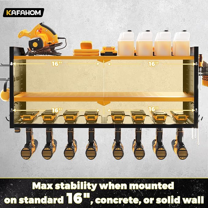 KAFAHOM Power Tool Organizer，Large 8 Drill Holder Wall Mount ，Heavy Duty Metal Tool Shelf with 12 Hooks Storage Rack for Gara