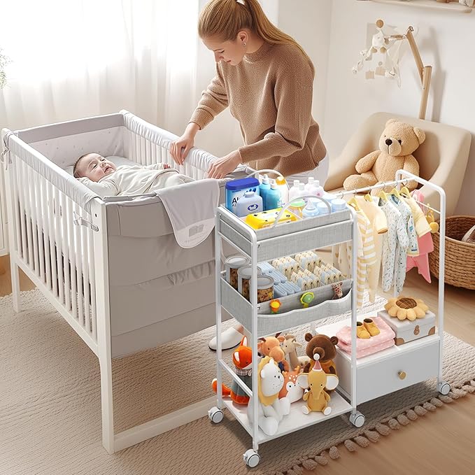 BBLIKE 3in1 Diaper Caddy Organizer - Diaper Caddy & Rolling Diaper Cart with Kids Clothing Rack for Nursery and Baby Essentia