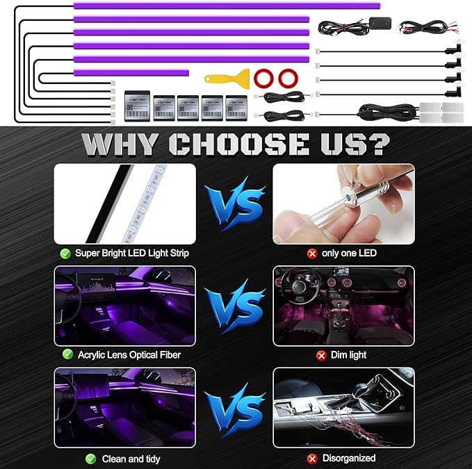 RGB Acrylic Interior Car LED Strip Light with Wireless APP, 14 in 1 with 175 inches 593 LEDs Neon LED Strip Light, 16 Million Colors Dynamic Music Sync Car Ambient Lighting Kits