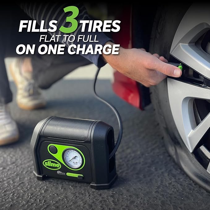 Slime 40084 Tire Inflator, Cordless, Portable Air Compressor Pump, Lithium Ion Battery and LED Light, Rechargeable, 8 min Inflation