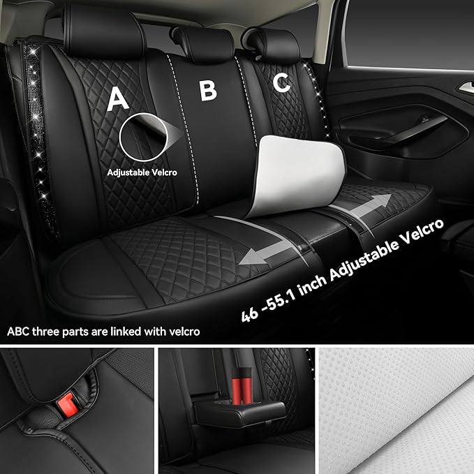 CAR PASS Bling Diamond Back Seat Covers, Nappa Leather Rear Seat Bench Cushion Waterproof Breathable Back Row Protector Unive