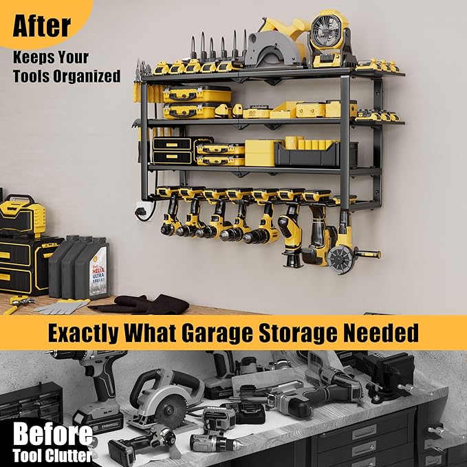 Spampur 420LB Capacity Power Tool Organizer with Charging Station & 6 Outlets | Quick Assembly 4-Layer Heavy Duty Rack for Dr