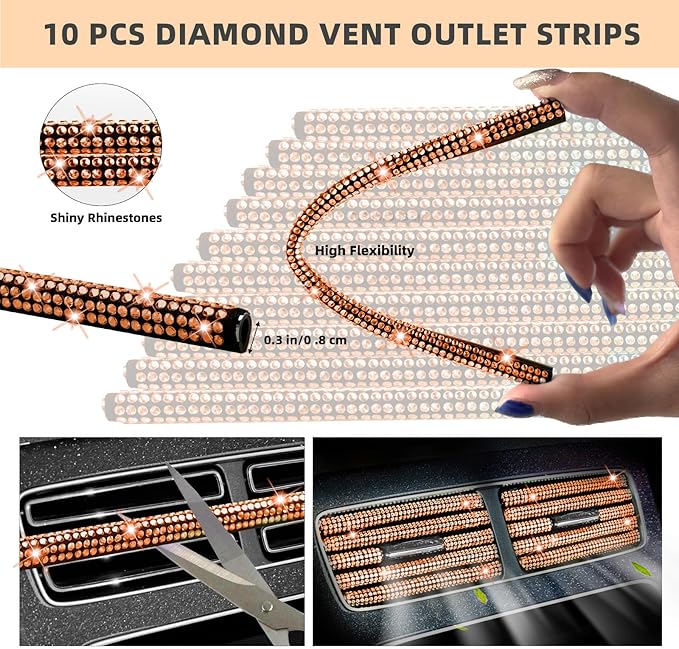 NBTEPEM 30 Pcs Orange Bling Car Accessories Set for Women, Steering Wheel Cover Set, Bling Console Cover, Seat Belt Cushion, Shift Knob Cushion, Cup Holder Coaster, Rhinestone Car Hanging Accessories