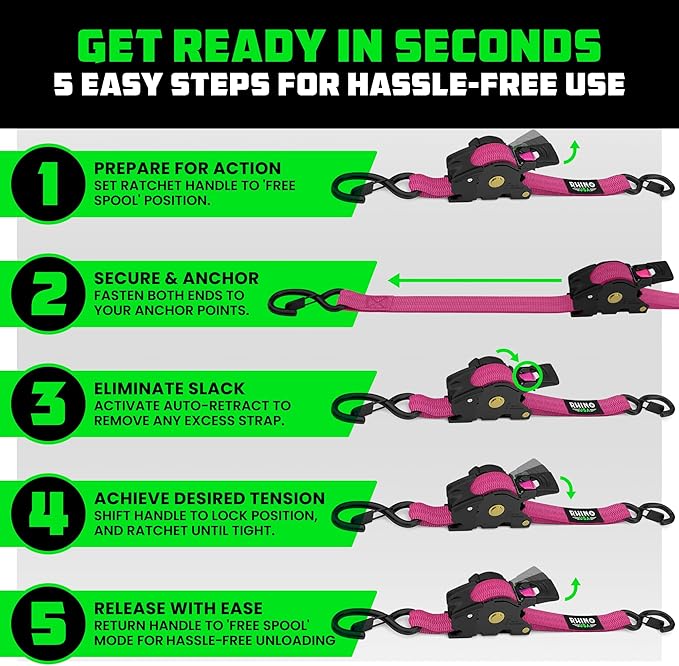 Rhino USA Retractable Ratchet Straps (2-Pack) - 1 Inch x 10 Feet (1,209lb Break Strength) - Auto Self Retracting Tie Down Straps for Truck, Cargo Trailer, Motorcycle, ATV, UTV - Pink