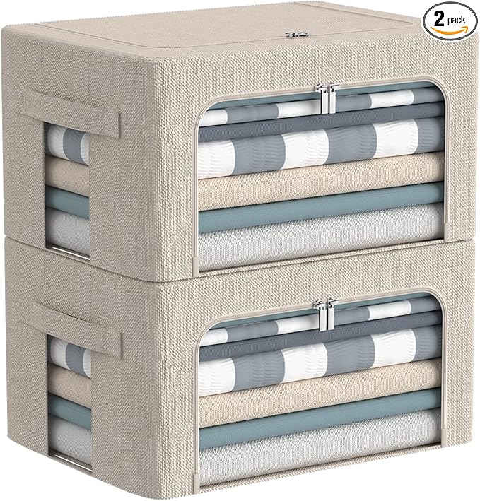 CYhom Clothes Storage Bins Box - Linen Fabric Foldable Stackable Container Organizer Set with Clear Window & Carry Handles & 