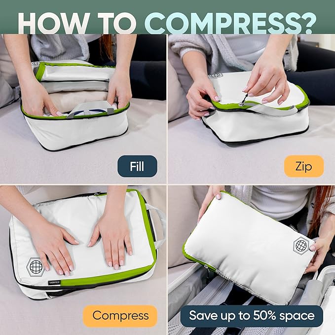 TRIPPED XL Compression Packing Cubes — 7-Piece Set for Checked Luggage | Extra-Large (15.7"×11"×4") + Large + Small + Tube + 