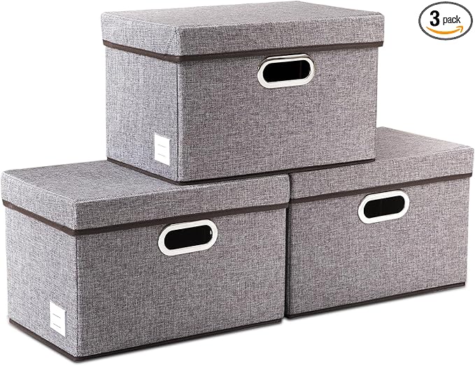 PRANDOM Foldable Storage Boxes with Lids [3-Pack] Linen Fabric Collapsible Storage Bins Organizer Containers Baskets Cube wit
