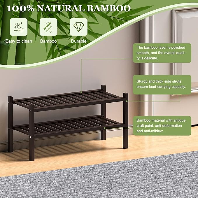 ROMGUAR CRAFT 2 Tier (Thick) Bamboo Shoe Rack for Closet Free Standing Wood Shoe Shelf for Entryway Small Space Stackable 27"