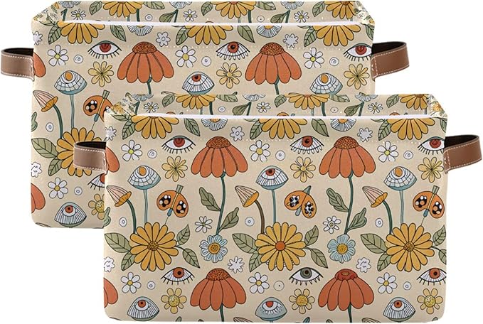 xigua Mushroom Eyes Storage Basket Collapsible Storage Bins Waterproof Canvas Storage Basket with Leather Handles for Home Cl