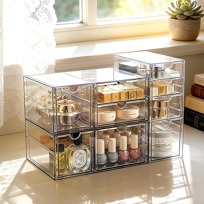 Prsildan Acrylic Drawer Makeup Organizer with 9 Drawers, Set of 3 Office Desk Organizers Accessories, Clear Stackable Storage
