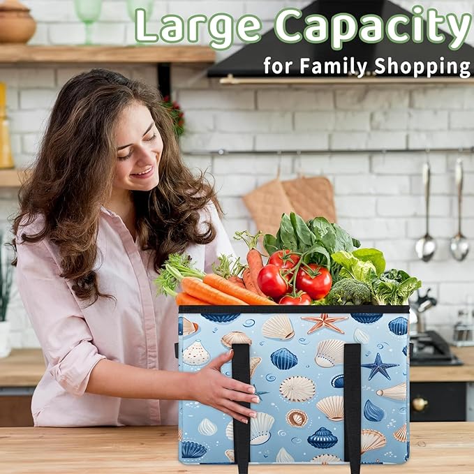 Reusable Grocery Bags Heavy Duty Shopping Bags Foldable Large Tote Bags with Long Handles & Hard Bottom