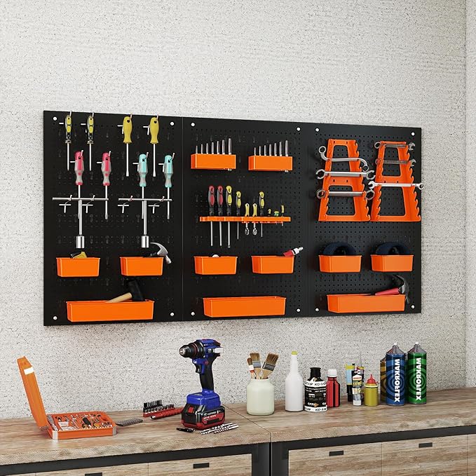 Goplus Pegboard Wall Organizer, 9-Bin Parts Rack Organizer w/Hammer Racks, Tool Holders & Hooks, Heavy-Duty Utility Tool Stor