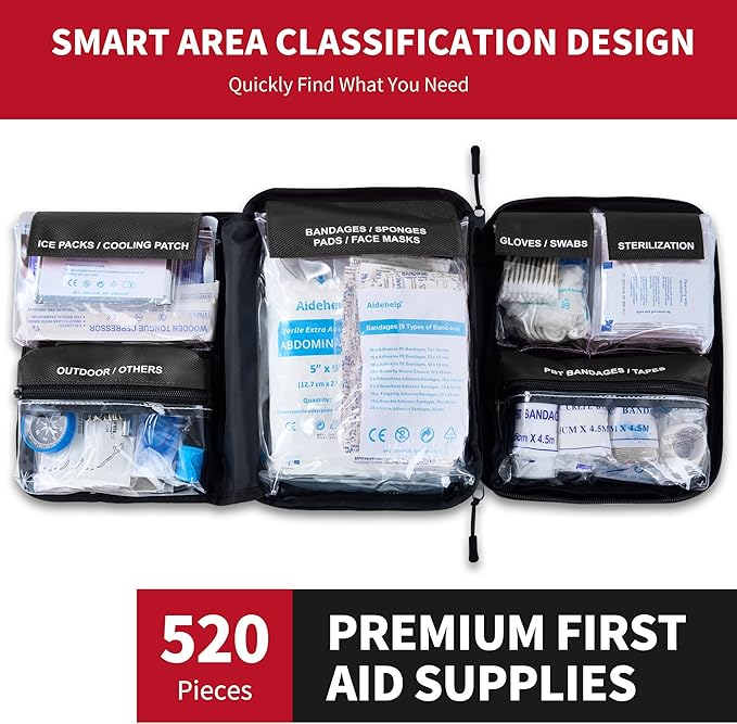 520 Pieces Premium First Aid Kit - Large Emergency Medical Kit for Survival, Car, Home, Travel, Camping, Backpack, Hiking, Sc