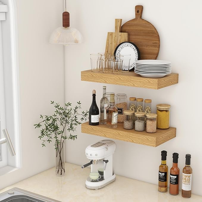 Deep Floating Shelves | 24 Inch Oak Floating Shelves Set of 2 | 12 Inch Deep Rustic Wood Shelves for Wall | 24" W x 12" D Oak