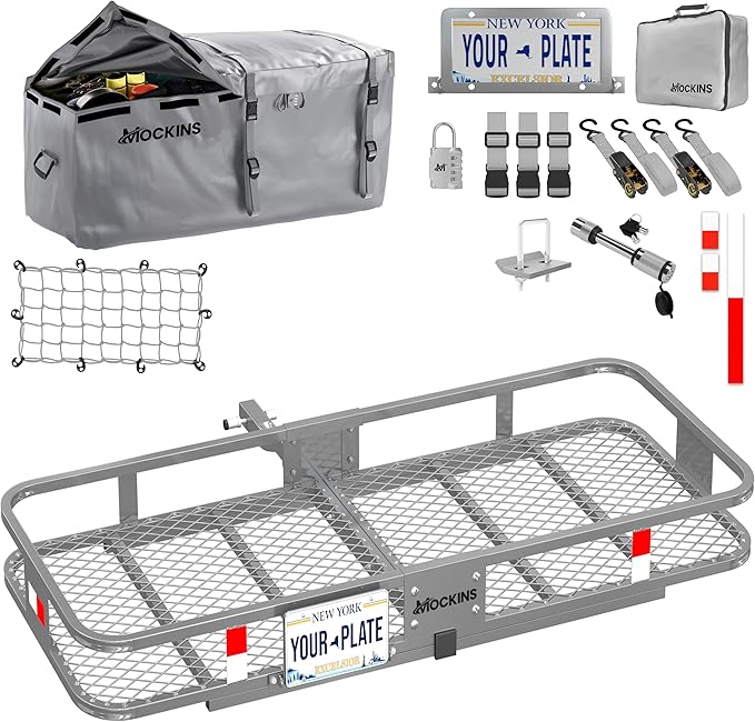 Mockins 60"x20"x6" Gray Heavy Duty Trailer Hitch Cargo Carrier & 16 CuFt Waterproof Cargo Bag for Hitch Carrier | 500 Lbs. Capacity Folding Luggage Rack for SUV Car Truck Van & RV w/Cargo Accessories