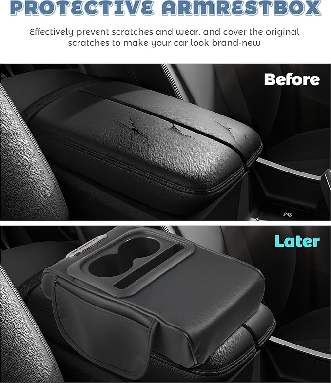 Car Armrest Storage Box,Car Accessories Console Organizers and Storage,Universal Waterproof Leather Console Cover with Cup Holder and Phone Holder,Suitable for Most Cars (Normal, Black)
