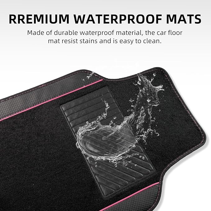 NBTEPEM Waterproof Universal Fit Car Floor Mats, Faux Leather Sporty Car Carpet Mats with Anti-Slip Nibbs Backing & Driver Heel Pad Fit for SUV, Vans, Sedans, Trucks, Set of 4 (Black with Pink line)
