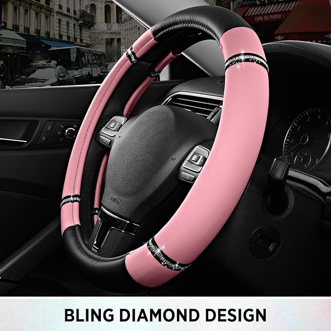 Road Comfort Leather Steering Wheel Cover – Premium Anti-Slip Car Steering Wheel Grip Cover – Universal Fit for 14.5”–15.5” C