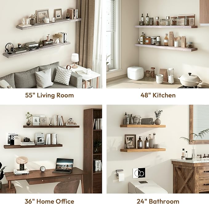 Vivelove Solid Wood Floating Shelves Set of 2, Elm Wood Wall Shelf with Invisible Bracket for Living Room Bedroom Bathroom Of