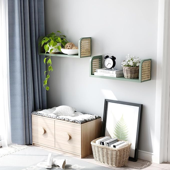 Green Rattan Shelf Set of 2, Cute Nursery Shelves Wall Mounted, Natural Hanging Bookshelf Storage, Boho Decorative Floating S