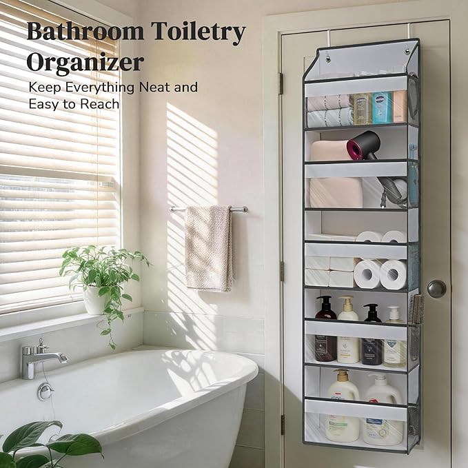 5 Tiers Ultra-thin Over Door Organizer with 10 Mesh Side Pockets, 44 lbs Weight Capacity Hanging Storage Organizer with Clear