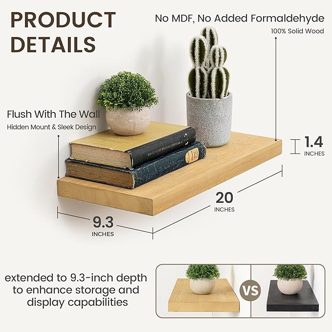 Marsmiles 20 Inch Floating Shelves | 9.3 Inch Deep Natural Wood Wall Shelves Set of 2 | Rustic Reclaimed Wood Shelves for Roo
