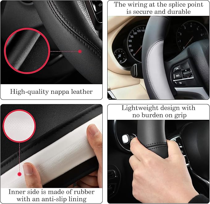 Gray Car Steering Wheel Cover, Nappa Leather, Bottom Color Blocking, Universal 14.5-15 Inch Leather Anti-Slip Breathable Auto